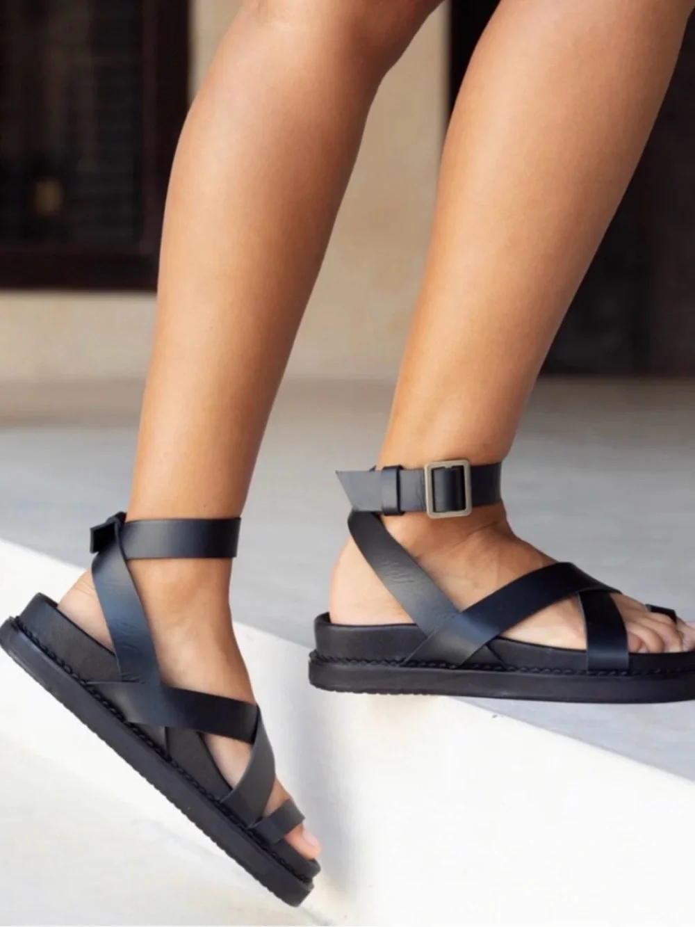 Black Strappy Leather Sandals - Liberte Bronte